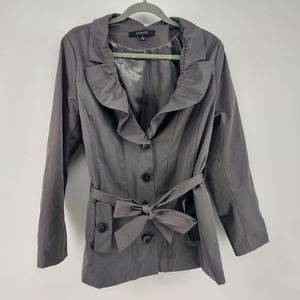 Sandro Studio Short Ruffle Neck Belted Trench Coat XL Charcoal Grey